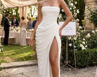Vestido de noche sin tirantes con abertura alta, vestido de fiesta con corsé fruncido, vestido de invitada de boda, vestido de graduación formal, vestido largo maxi de fibra de poliéster