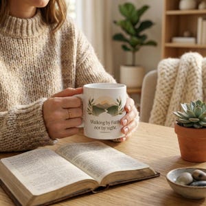 Walking by Faith Scripture Quote Mug | Religious Floral Ceramic Mug