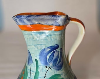 Vintage Myott Son & Co. Hand Painted Pitcher / 1930s Art Deco English Pottery / Blue Orange Floral Jug / Made in England