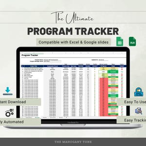 Könnte beinhalten: Eine digitale Programm-Tracker-Tabelle auf einem Laptop-Bildschirm. Die Benutzeroberfläche enthält Spalten für Projekttitel, verantwortliche Personen, Daten und Statusanzeigen in Grün, Gelb und Rot. Der Text lautet The Ultimate PROGRAM TRACKER.