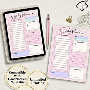 May include: A Y2K pink floral daily planner digital download displayed on a tablet and as a printed sheet. The layout includes sections for schedule, reminders, goals, top priorities, and notes. Includes text: Y2K PINK FLORAL DAILY PLANNER.