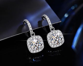 GRA Certified Moissanite Halo Dangle Earrings, 925 Sterling Silver, D VVS1 Bridal Jewelry
