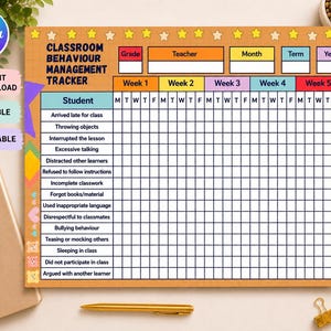 Outil de suivi du comportement en classe, journal de comportement modifiable pour l'enseignant, modèle de suivi du comportement des élèves, modèle imprimable Canva modifiable