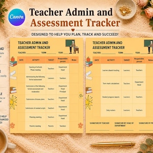 Könnte beinhalten: Zwei Seiten einer Vorlage für Lehrer-Verwaltung und Bewertungs-Tracker mit gelbem Hintergrund, die Tabellen zur Erfassung von Daten, Aktivitäten, Zielen und Verantwortlichen enthalten, verziert mit kleinen Illustrationen von Äpfeln, Büchern und einer Lehrkraft.