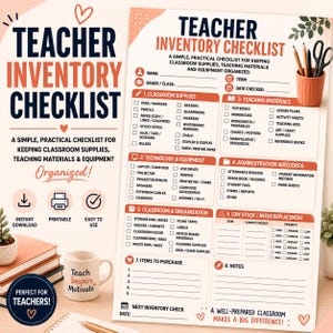 May include: A teacher inventory checklist document featuring sections for classroom supplies, teaching materials, technology, and administration. The page includes checkboxes, lines for notes, and a section for items to purchase, all printed on a light background.