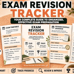 Op de afbeelding: Een examenrevisie-tracker documentenset met een centrale pagina getiteld Exam Revision Tracker met secties voor plannen, volgen, beoordelen en slagen. Bevat een examenrooster, revisieoverzicht en een lijst met onderwerpen van 11 pagina's.