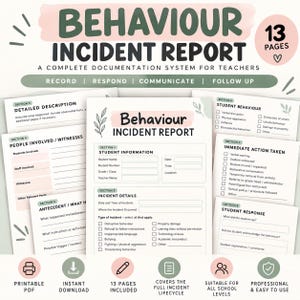 Può includere: Un sistema di documentazione di 13 pagine Behaviour Incident Report per insegnanti, composto da moduli PDF stampabili con sezioni per le informazioni sullo studente, i dettagli dell'incidente, le descrizioni, le persone coinvolte e le azioni.