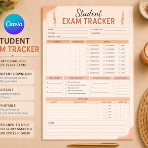 Student Exam Tracker, Exam Schedule Planner, Test Preparation Planner, Exam Timetable, Student Study Planner, Editable Canva Printable