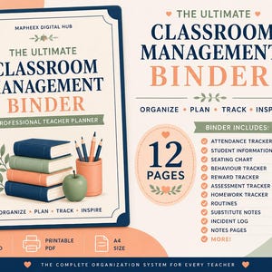 Puede incluir: Una carpeta de gestión de aula con espiral y cubierta color crema que muestra el texto The Ultimate Classroom Management Binder, una pila de cuatro libros, una manzana verde y un portalápices. El lado derecho enumera 12 páginas, incluyendo registros de asistencia, alumnos y notas.