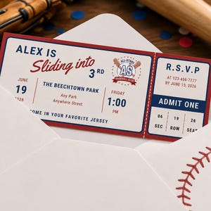 Invitación digital de cumpleaños con temática de béisbol / Plantilla de boleto editable