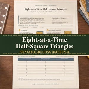 Könnte beinhalten: Eine gedruckte Quilt-Referenzanleitung mit dem Titel Eight-at-a-Time Half-Square Triangles. Das Dokument enthält Anleitungstexte, Diagramme zum Schneiden und Nähen sowie eine Größentabelle mit Spalten für große Quadrate und Maße in Zoll.