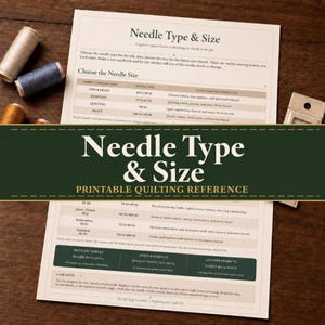 Könnte beinhalten: Ein druckbarer Quilt-Referenzleitfaden mit dem Titel Needle Type & Size mit einer Tabelle zur Abstimmung von Nadeln auf Stoff und Garn. Das Dokument enthält Spalten für Stoff, Garnstärke, Nadelgröße und Anwendungshinweise sowie Nähgarnrollen.