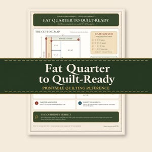 May include: A cream-colored printable quilting reference sheet titled Fat Quarter to Quilt-Ready. It features a dark green banner, a cutting map diagram, and instructional text for processing 18-inch by 22-inch fabric fat quarters.