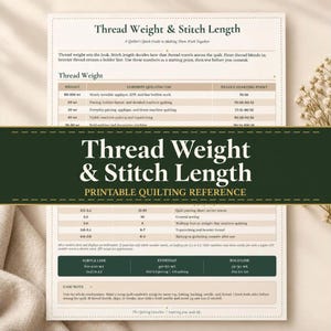 May include: A printable quilting reference guide titled Thread Weight & Stitch Length. The document features tables detailing thread weights, common quilting uses, needle starting points, and stitch length settings for various sewing tasks.