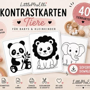 Könnte beinhalten: Ein Set aus 40 schwarz-weißen Kontrastkarten für Babys und Kleinkinder von LittleMrsElli. Die Karten zeigen Illustrationen eines Pandas, eines Löwen und eines Elefanten. Der Text umfasst 'KONTRASTKARTEN', 'Tiere', '40 TIERKARTEN' und 'SOFORT-DOWNLOAD'.