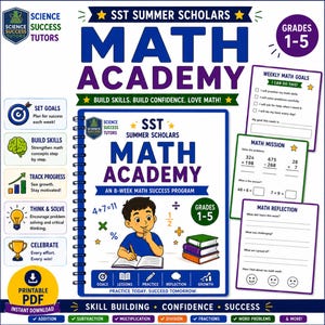 May include: A spiral-bound SST Summer Scholars Math Academy workbook for grades 1-5. The cover features a child writing in a book, math symbols, and a stack of three books. Includes printable pages for weekly goals, math missions, and reflections.