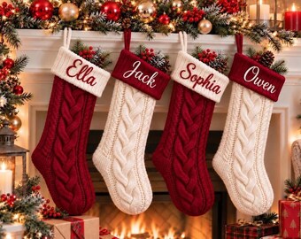 Personalized Embroidered Knitted Christmas Stocking, Custom Name Cable Knit Stocking, Family Xmas Stockings, Christmas Mantel Decor