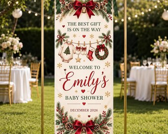 Julbabyshowerbanderoll, den bästa presenten är på väg, personlig välkomstskylt i tyg, vinterdekoration för babyshowerfest