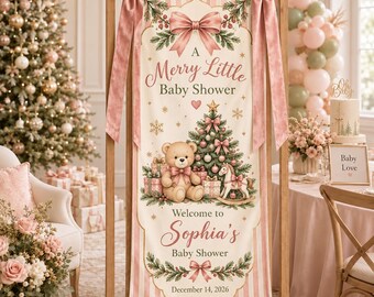 Julklappsbanderoll för babyshower, personlig tygbakgrund med rosa rosett och nallebjörn, glad liten babyshowerskylt, vinterfestdekor