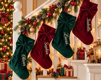 Personalized Velvet Christmas Stocking with Name, Custom Embroidered Bow Stocking, Red Green Beige Xmas Stockings, Family Christmas Gift