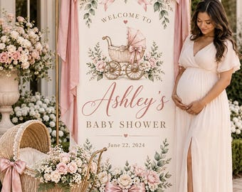 Rosa blommig välkomstbanderoll för babyshower, personlig vagn i tyg, bakgrund med rosett och babyshowerdekoration för flicka