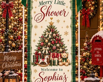 Julklappsbanderoll för babyshower, personlig tygbakgrund för den lilla glada babyshowern, grön rutig nallebjörnsdekoration