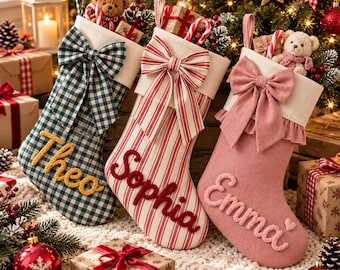 Personalized Christmas Stocking with Name, Custom Embroidered Bow Stocking, Gingham Plaid Christmas Decor, Family Xmas Gift