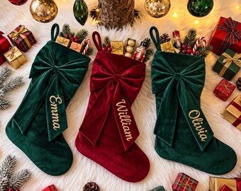 Personalized Velvet Christmas Stocking with Name, Custom Embroidered Green Stocking with Big Bow,Luxury Family Xmas Stockings, Holiday Decor
