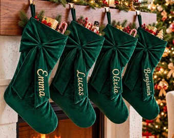 Personalized Velvet Christmas Stocking with Name, Custom Embroidered Bow Stocking, Luxury Xmas Stockings, Family Holiday Decor