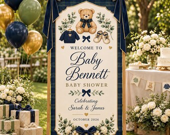 Nallebjörns välkomstbanderoll för babyshower, personlig marinblå rutig bakgrund, babyshowerskylt för pojke, elegant rosettfestdekoration