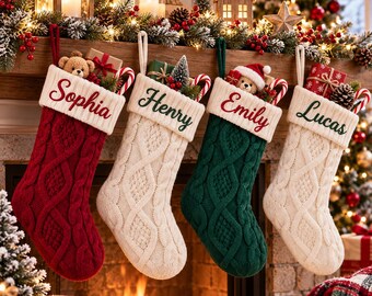 Personalized Cable Knit Christmas Stocking with Name, Custom Embroidered Christmas Stockings, Family Xmas Stocking, Holiday Mantel Decor