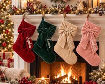Personalized Velvet Christmas Stocking with Name, Custom Embroidered Bow Stocking, Luxury Xmas Stockings, Family Holiday Decor