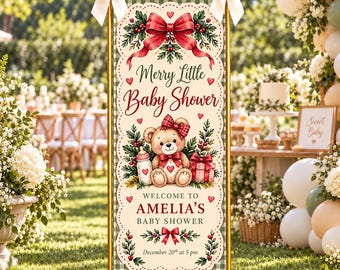 Julbabyshowerbanderoll, glad liten babyshower, personlig nallebjörnsvälkomstskylt i tyg, grön gingham babyshowerdekoration