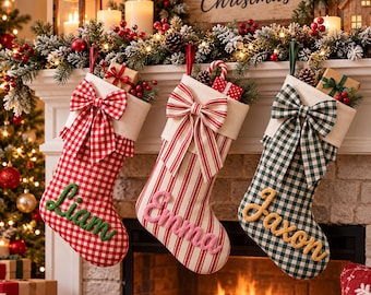 Personalized Christmas Stocking with Name, Custom Embroidered Bow Stocking, Gingham Plaid Xmas Stockings, Family Christmas Decor