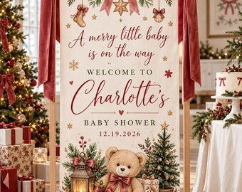 Christmas Baby Shower Welcome Banner, Personalized Teddy Bear Fabric Backdrop, Burgundy Bow Winter Baby Shower Sign, Custom Name Party Decor