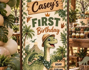 Välkomstbanderoll för dinosaurie för första födelsedag, personlig tygskylt för dinosaurie för första födelsedag, dekoration för pojke, djungelsafari för födelsedagsfest