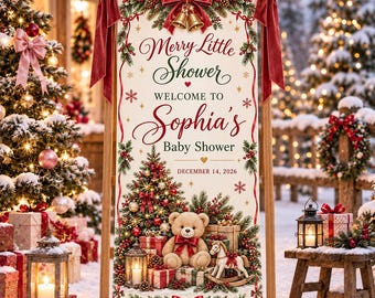 Julklappsbanderoll för babyshower, personlig tygbakgrund för den lilla glada babyshowern, vinterdekoration för babyshowerfesten med nallebjörn