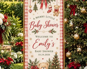Christmas Baby Shower Welcome Banner, Personalized Teddy Bear Fabric Backdrop, Red Gingham Bow Baby Shower Sign, Winter Baby Shower Decor