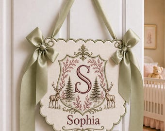 Personalized Woodland Nursery Door Hanger, Custom Baby Name Monogram Sign, Deer Nursery Decor, Sage Green Bow Newborn Gift