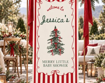 Julbabyshowerbanderoll, god liten babyshower, personlig välkomstskylt i tyg, rödrandig julgransfestdekoration