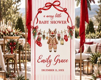 Julbabyshowerbanderoll, glad liten babyshower, personlig välkomstskylt i rentyg, rosa randig vinterbabyshowerdekoration