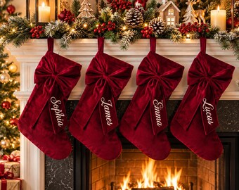 Personalized Velvet Christmas Stocking with Name, Custom Embroidered Bow Stocking, Red Green Beige Xmas Stockings, Family Christmas Gift