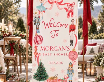 Nötknäpparen babyshowerbanderoll, välkomstskylt för jul, personlig tygbakgrund, rosa balett vinter babyshowerdekor