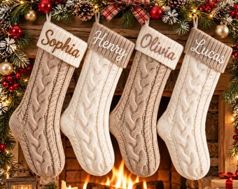 Personalized Cable Knit Christmas Stocking with Name, Custom Embroidered Christmas Stockings, Family Xmas Stocking, Holiday Mantel Decor