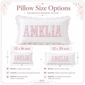 May include: A white rectangular decorative pillow with a scalloped edge and the name AMELIA in pink floral letters. The graphic displays two size options: 12 x 16 inches and 12 x 20 inches, with text labels for nursery decor and gift usage.
