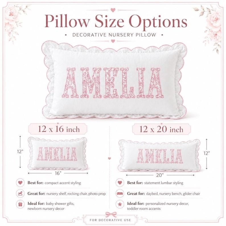 May include: A white rectangular decorative pillow with a scalloped edge and the name AMELIA in pink floral letters. The graphic displays two size options: 12 x 16 inches and 12 x 20 inches, with text labels for nursery decor and gift usage.