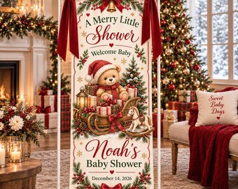 Julbabyshowerbanderoll, en glad liten dusch, personlig nallebjörnsvälkomstskylt i tyg, vinterdekor för babyshower