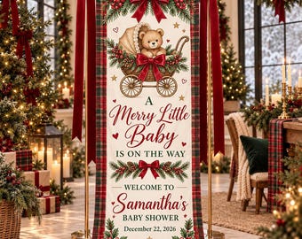 Julbabyshowerbanderoll, en glad liten bebis, personlig nallebjörnsvälkomstskylt i tyg, röd rutig vinterbabyshowerdekoration