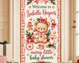 Julbabyshowerbanderoll, glad liten babyshower, personlig nallebjörnsvälkomstskylt i tyg, rosa gingham babyshowerdekor