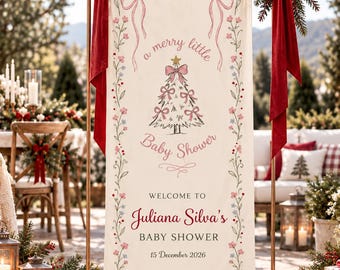 Julbabyshowerbanderoll, glad liten babyshower, personlig välkomstskylt i tyg, rosa rosett för julgransbabyshowerdekorationer